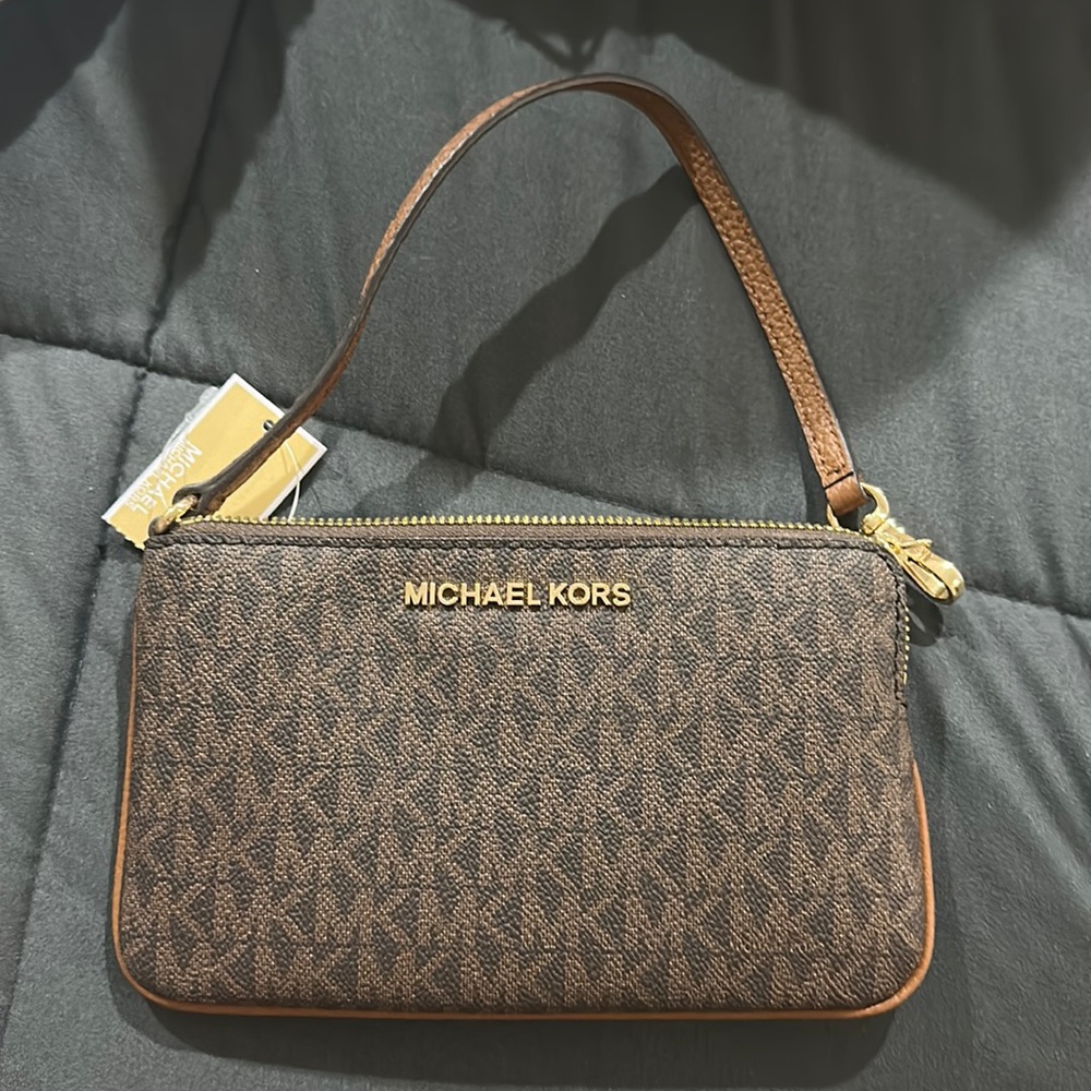 Michael Kors Jet Set Travel Wristlet in Brown Logo.